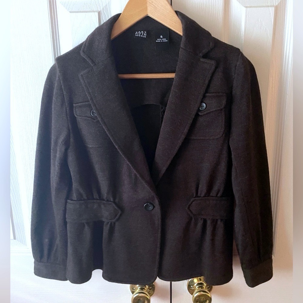 SAKS FIFTH AVENUE Dark Brown 100% Wool Sweater Knit Single Button Blazer‎ SZ S